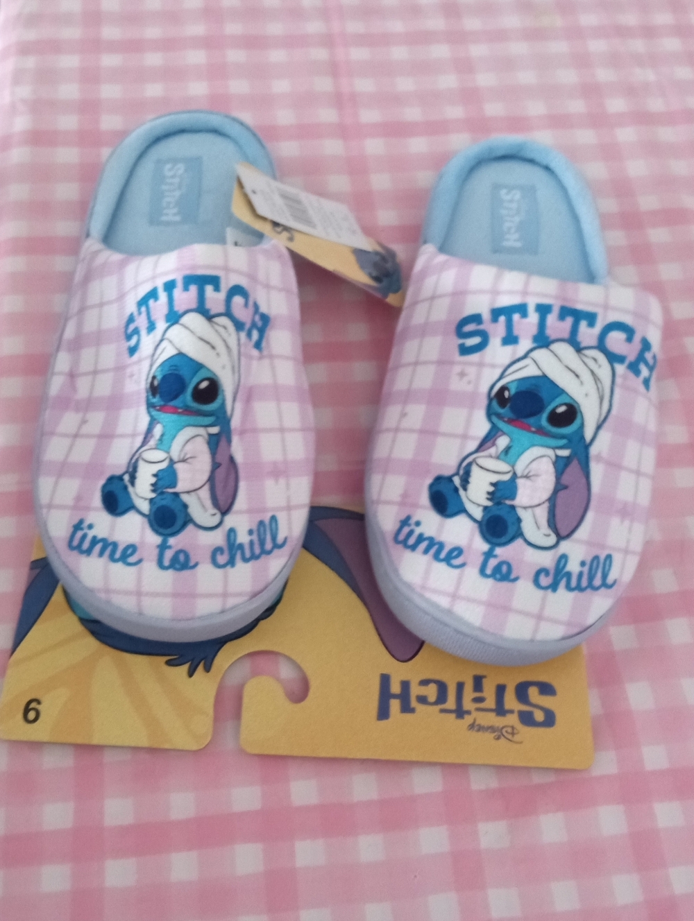 Stitch 'Time to Chill' Pink Plaid Slippers NWT
